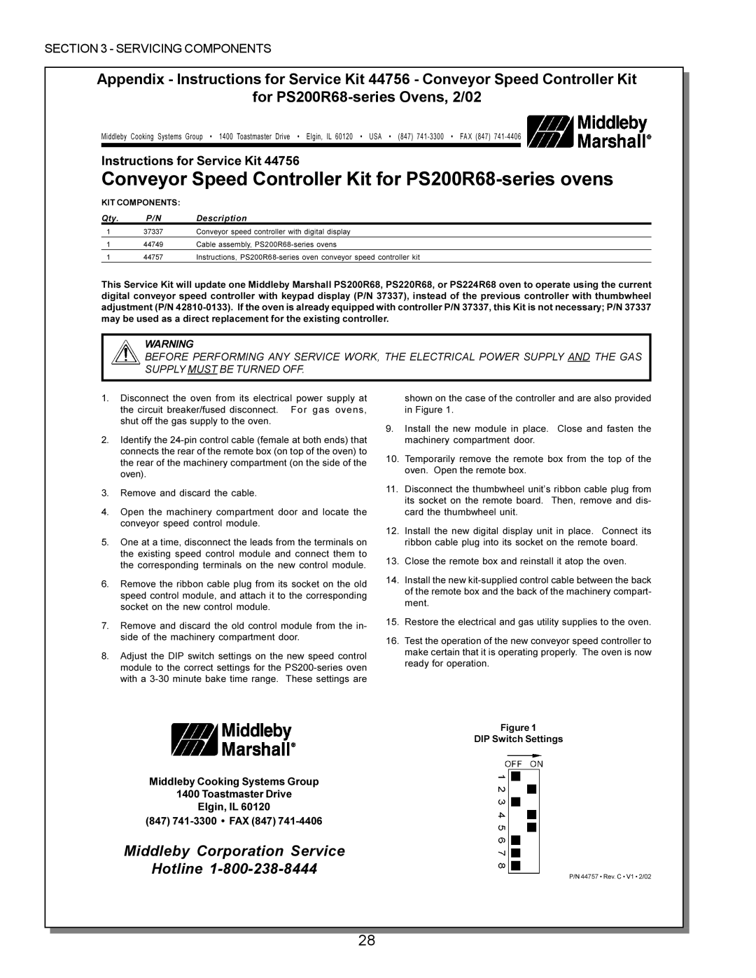 Middleby Marshall PS224 PS310, PS570, PS360, PS555, PS220 manual Conveyor Speed Controller Kit for PS200R68-series ovens 