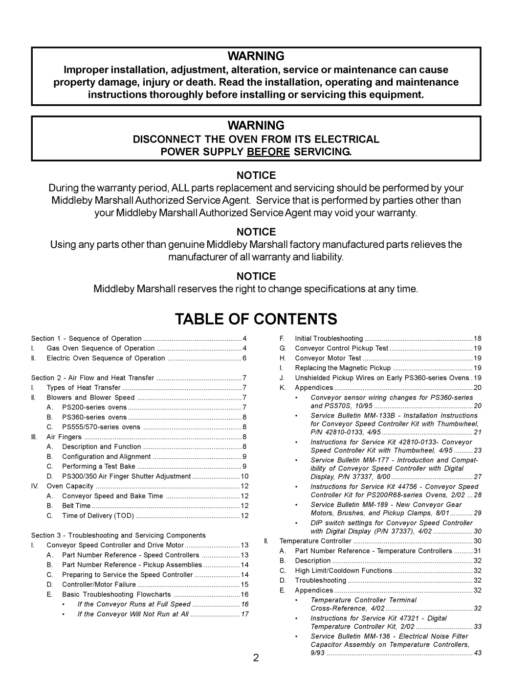 Middleby Marshall PS555, PS570, PS360, PS200, PS220, PS224 PS310 manual Table of Contents 