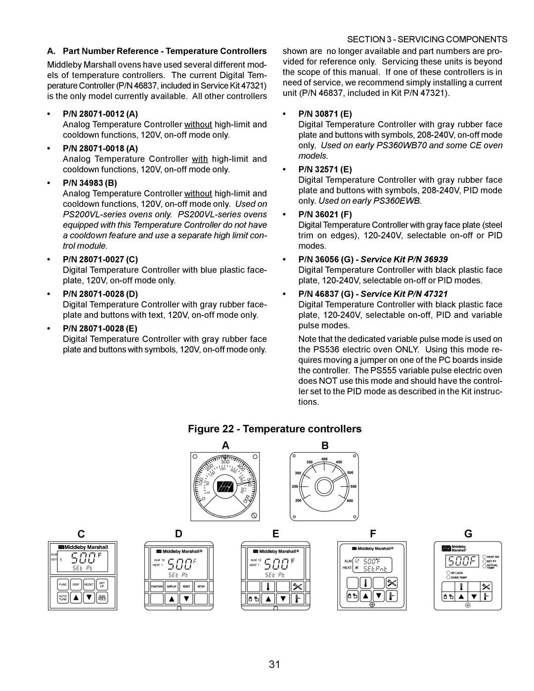 Middleby Marshall PS200 Part Number Reference Temperature Controllers, 28071-0012 a, 28071-0018 a, 34983 B, 28071-0027 C 