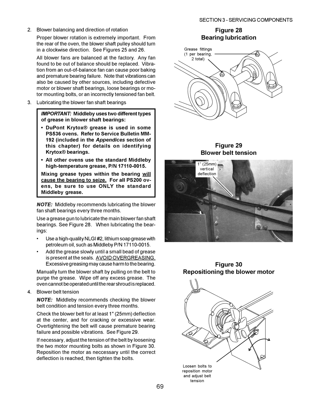 Middleby Marshall PS220, PS570, PS360, PS200, PS555 Bearing lubrication, Blower belt tension, Repositioning the blower motor 