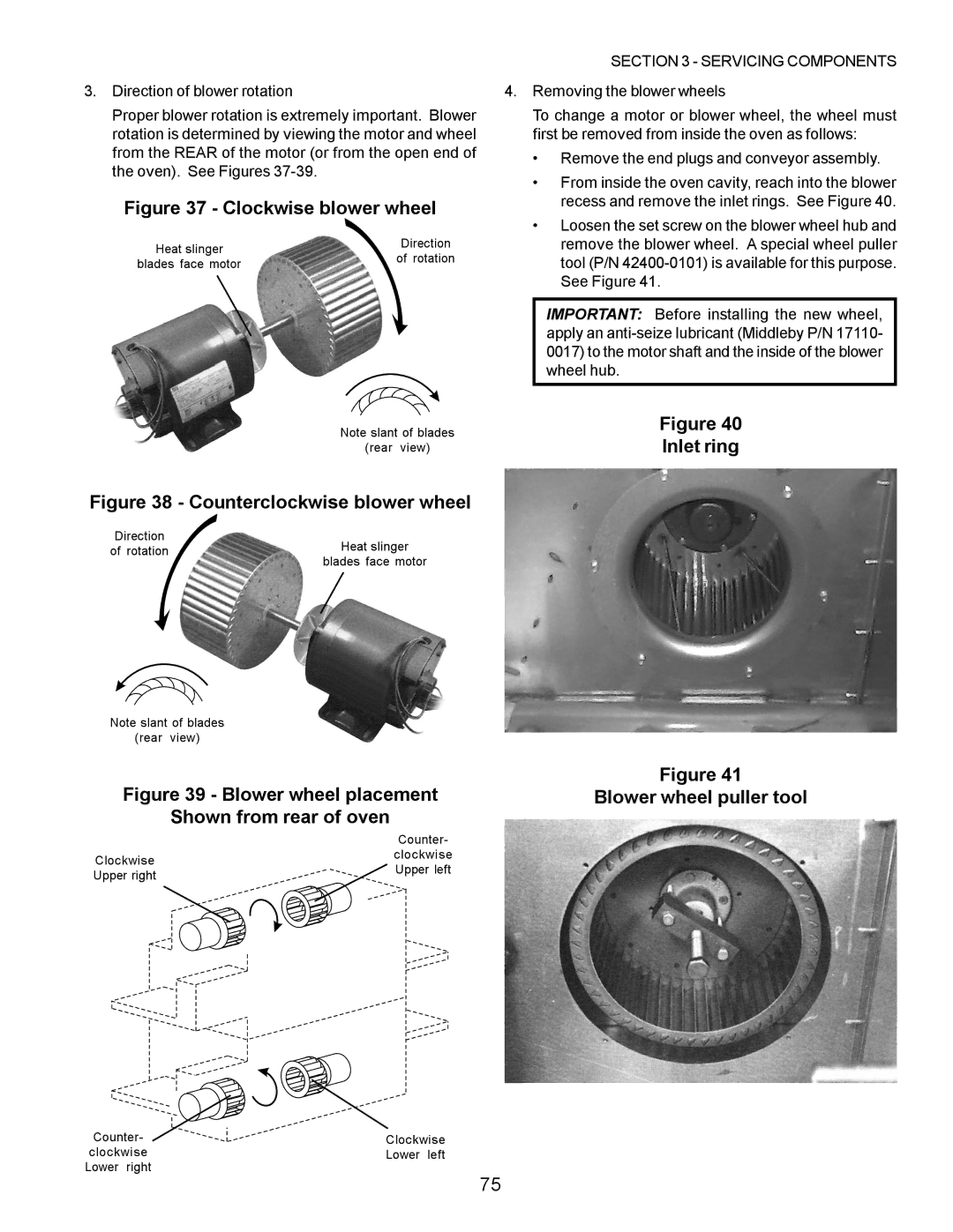 Middleby Marshall PS220, PS570, PS360, PS200, PS555, PS224 PS310 Clockwise blower wheel, Inlet ring Blower wheel puller tool 