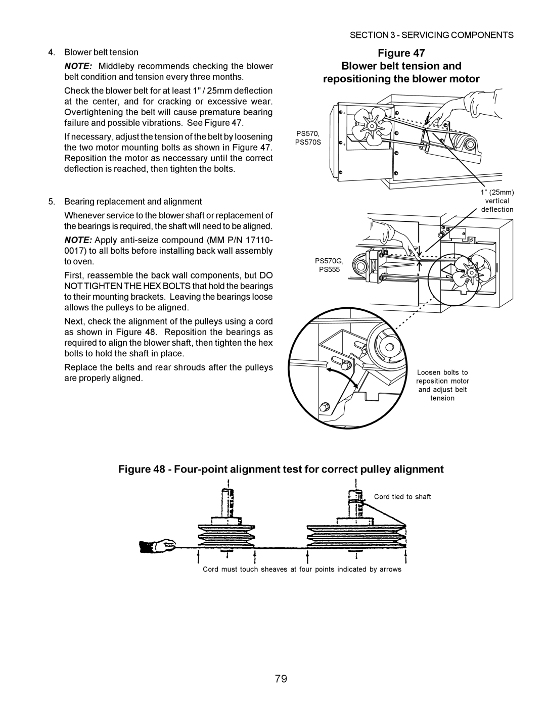 Middleby Marshall PS200, PS570, PS360 Blower belt tension Repositioning the blower motor, Bearing replacement and alignment 