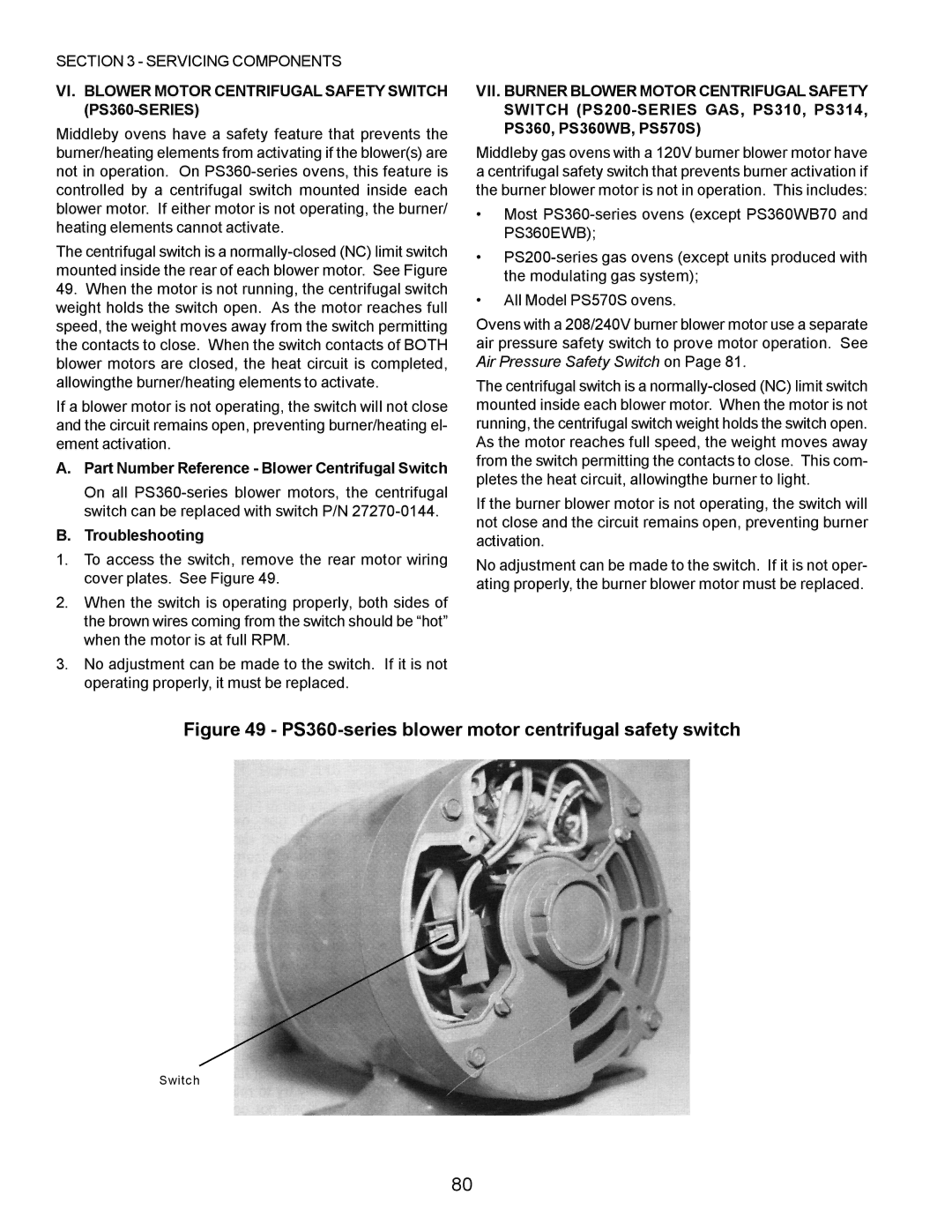 Middleby Marshall PS555, PS570, PS200, PS220, PS224 PS310 manual VI. Blower Motor Centrifugal Safety Switch PS360-SERIES 