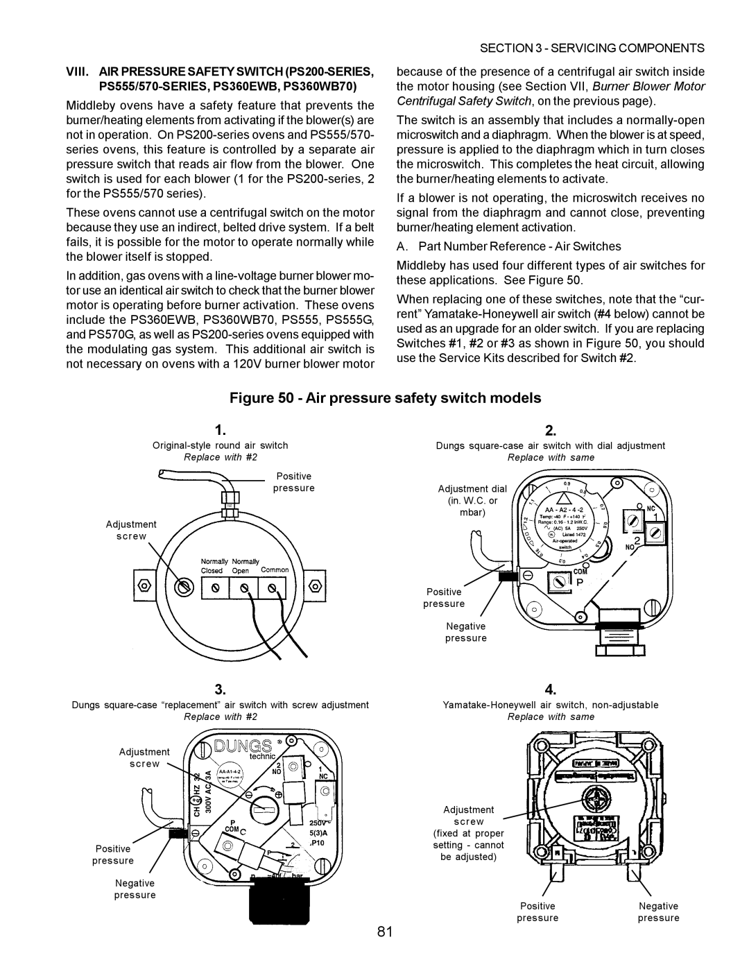 Middleby Marshall PS220, PS570, PS360, PS200, PS555, PS224 PS310 manual Air pressure safety switch models 