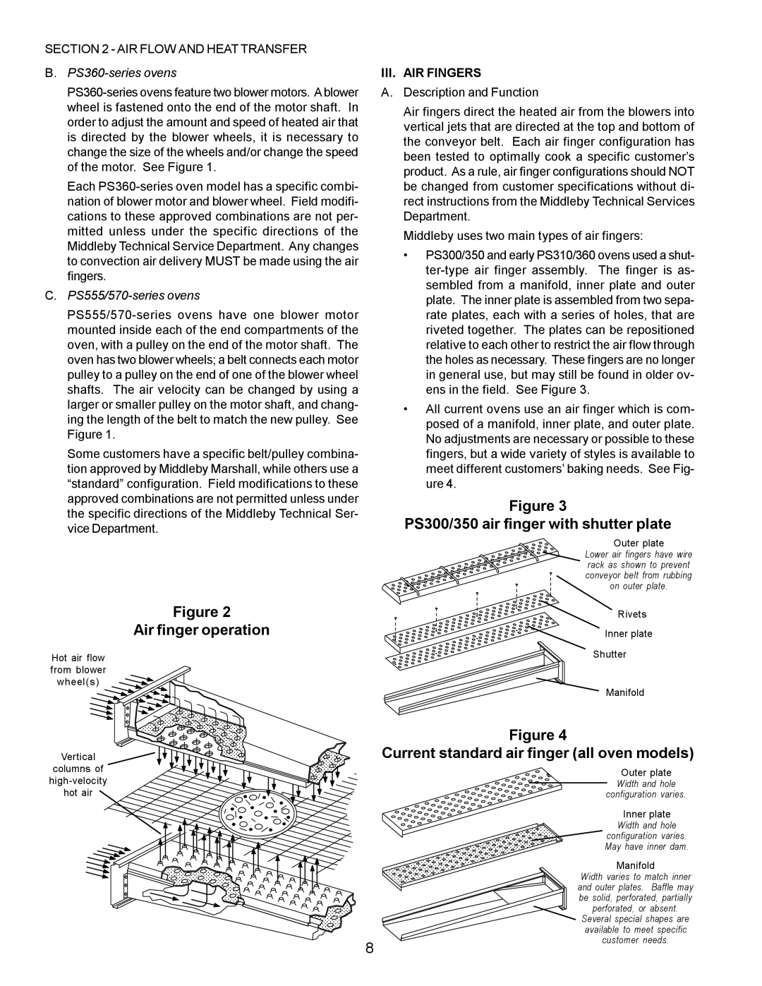 Middleby Marshall PS555, PS570, PS360, PS200 Air finger operation, PS300/350 air finger with shutter plate, III. AIR Fingers 