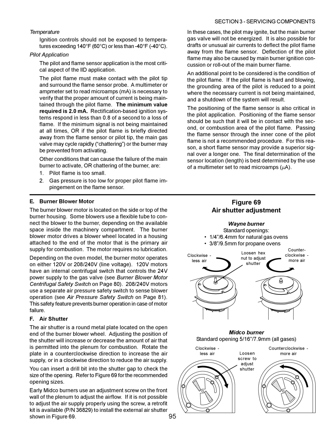 Middleby Marshall PS570, PS360 Air shutter adjustment, Temperature, Pilot Application, Burner Blower Motor, Air Shutter 