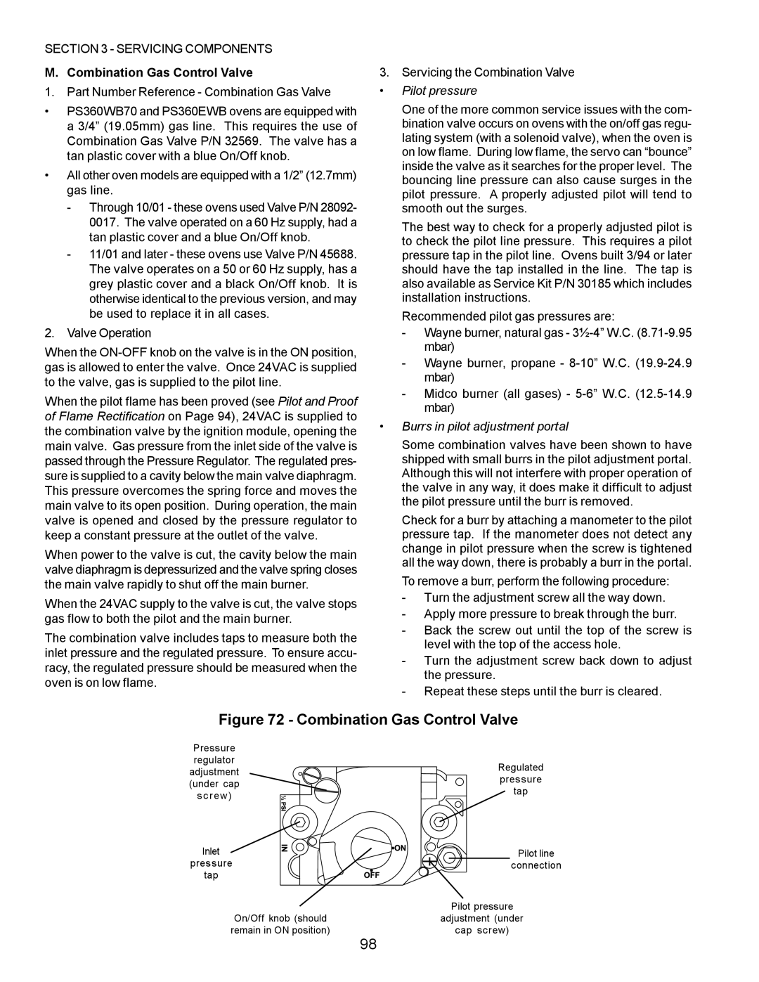 Middleby Marshall PS555, PS570, PS360, PS200 Combination Gas Control Valve, Pilot pressure, Burrs in pilot adjustment portal 