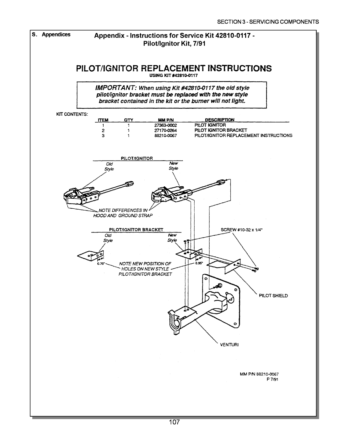Middleby Marshall PS570, PS360, PS200, PS555 Appendix - Instructions for Service Kit Pilot/Ignitor Kit, 7/91, S. Appendices 