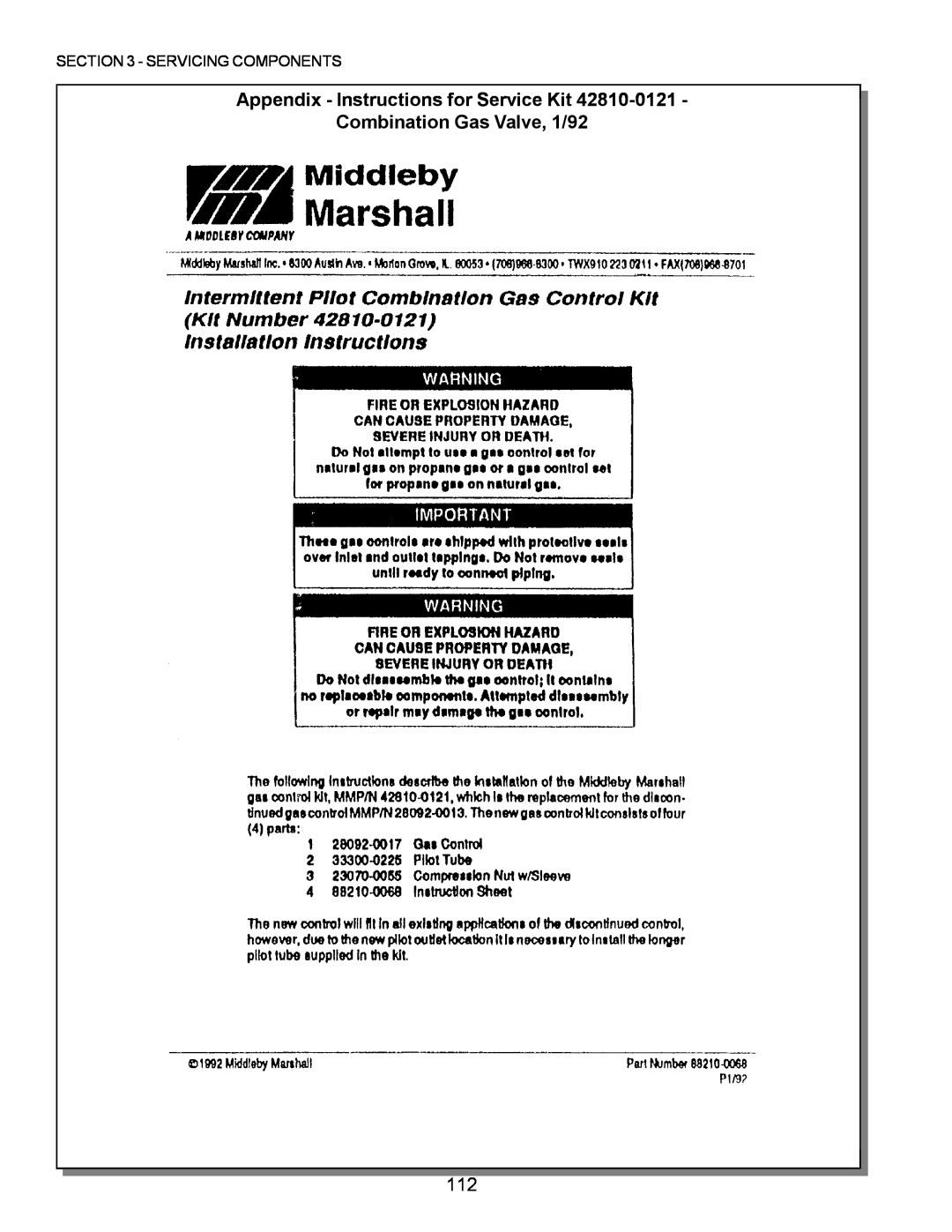 Middleby Marshall PS224 PS310 Appendix - Instructions for Service Kit Combination Gas Valve, 1/92, Servicing Components 