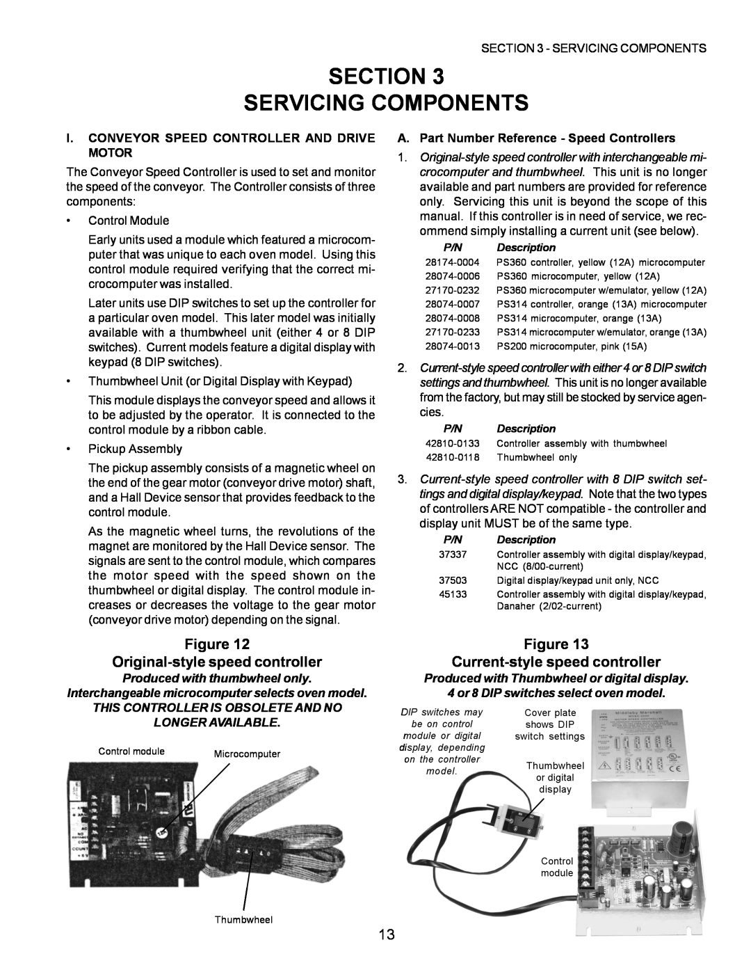 Middleby Marshall PS200 Section Servicing Components, Original-style speed controller, Current-style speed controller 