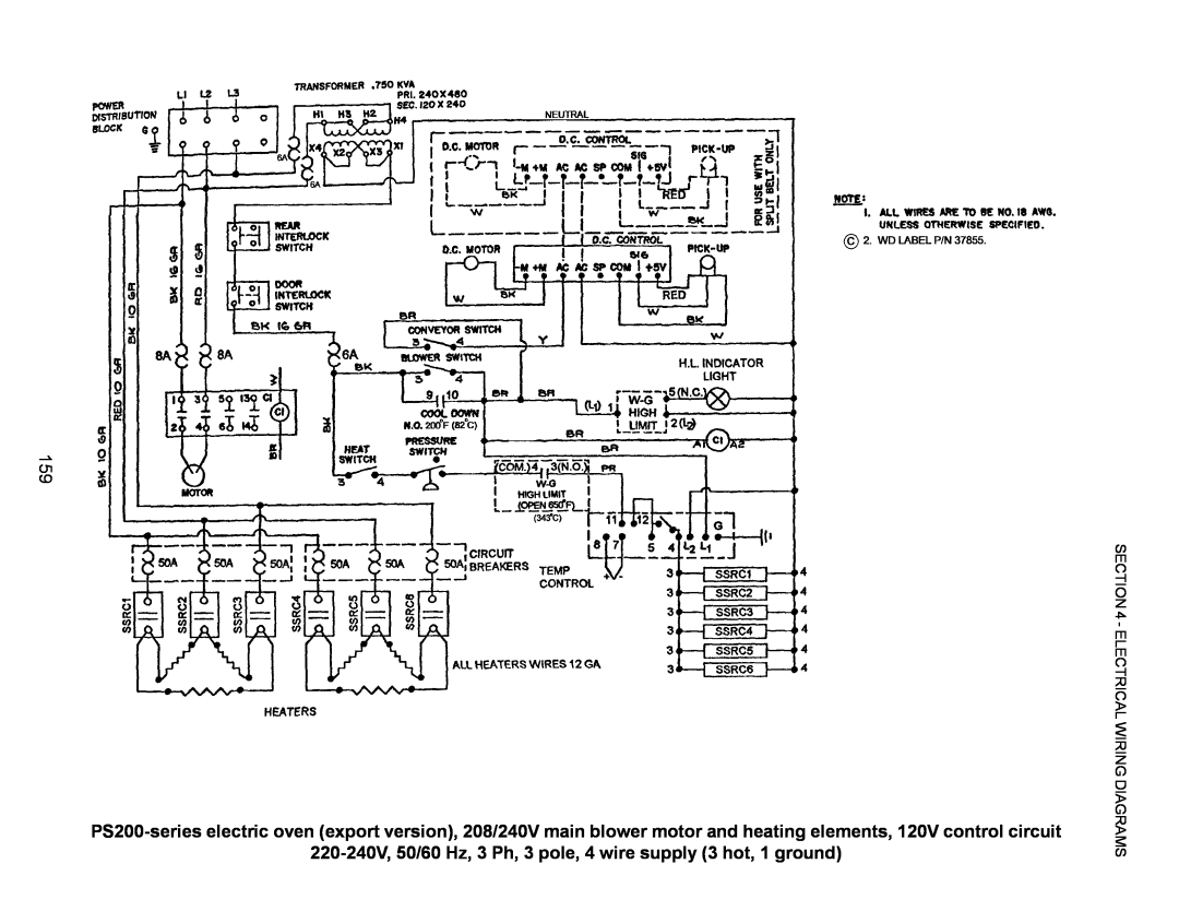 Middleby Marshall PS220, PS570 220-240V, 50/60 Hz, 3 Ph, 3 pole, 4 wire supply 3 hot, 1 ground, Electrical Wiring Diagrams 