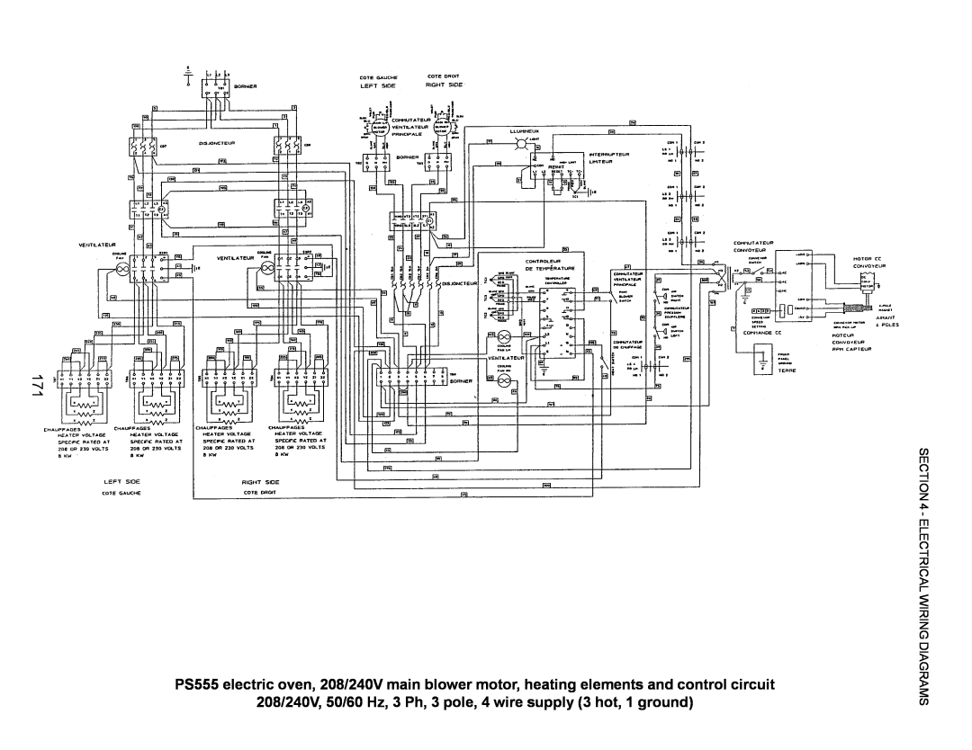 Middleby Marshall PS220, PS570 208/240V, 50/60 Hz, 3 Ph, 3 pole, 4 wire supply 3 hot, 1 ground, Electrical Wiring Diagrams 