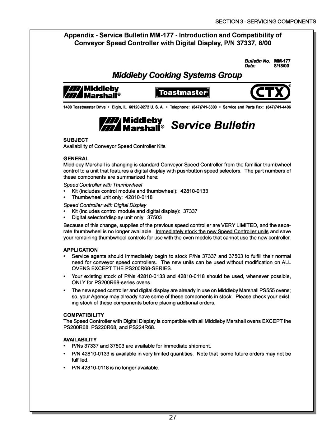 Middleby Marshall PS220 Service Bulletin, Middleby Cooking Systems Group, Subject, General, Application, Compatibility 
