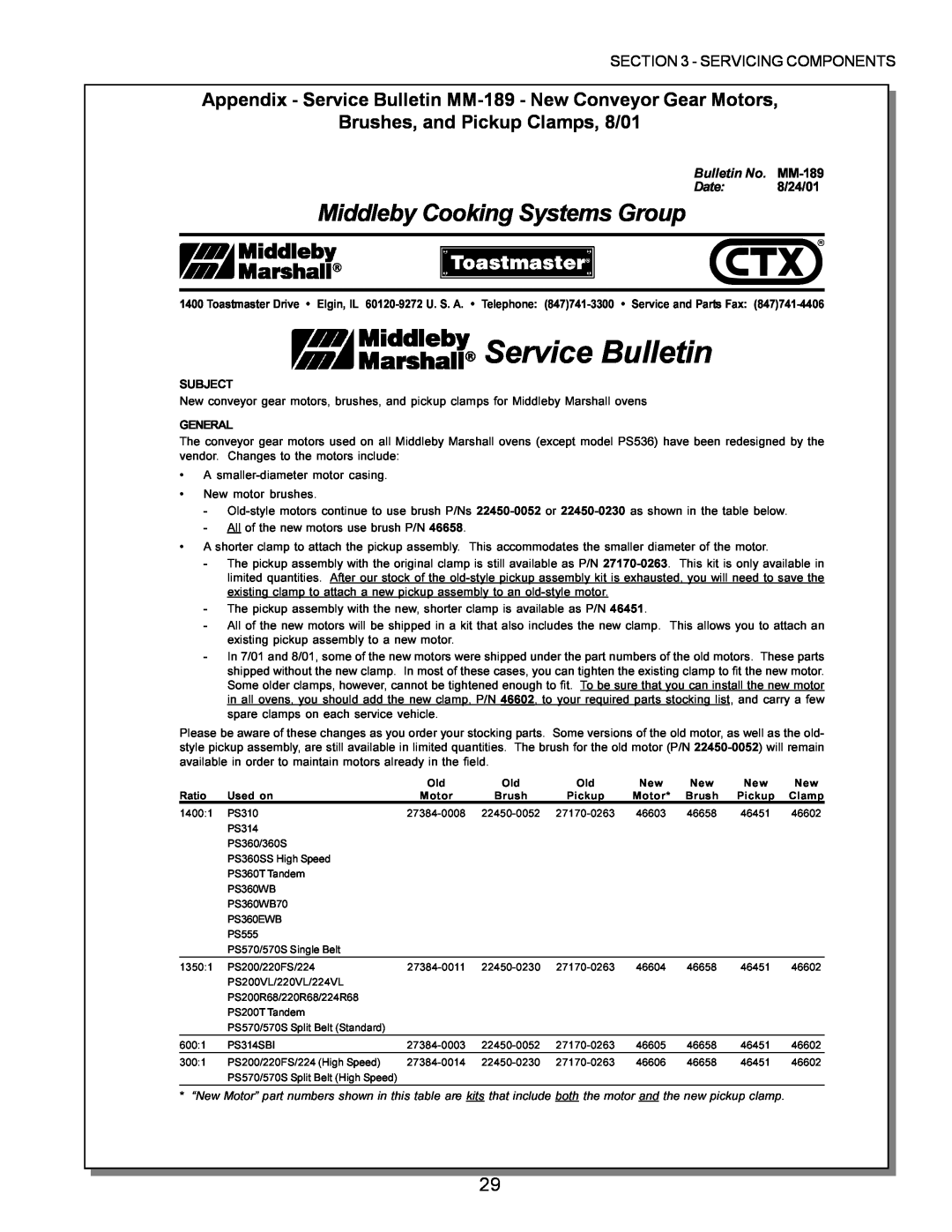 Middleby Marshall PS570 Appendix - Service Bulletin MM-189 - New Conveyor Gear Motors, Brushes, and Pickup Clamps, 8/01 