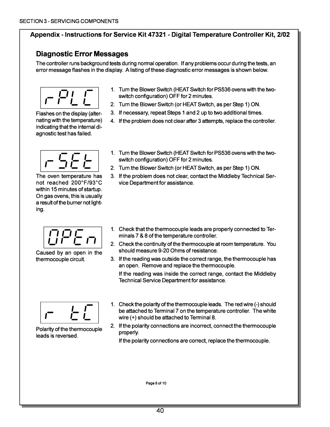 Middleby Marshall PS224 PS310, PS570, PS360, PS200, PS555, PS220 manual Diagnostic Error Messages, Page 8 of 