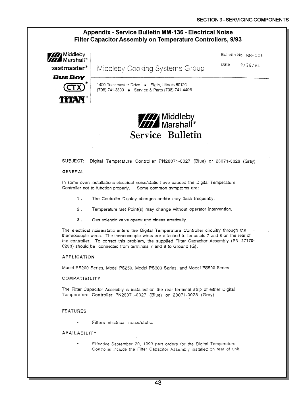 Middleby Marshall PS200, PS570, PS360, PS555 Appendix - Service Bulletin MM-136 - Electrical Noise, Servicing Components 