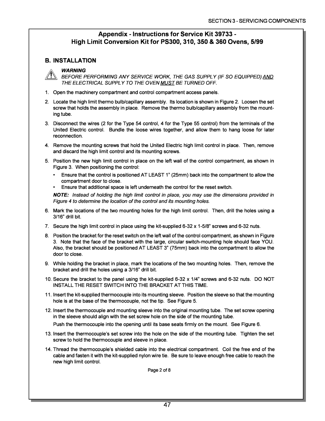 Middleby Marshall PS570, PS360, PS200, PS555, PS220 manual Appendix - Instructions for Service Kit, B. Installation, Page 2 of 