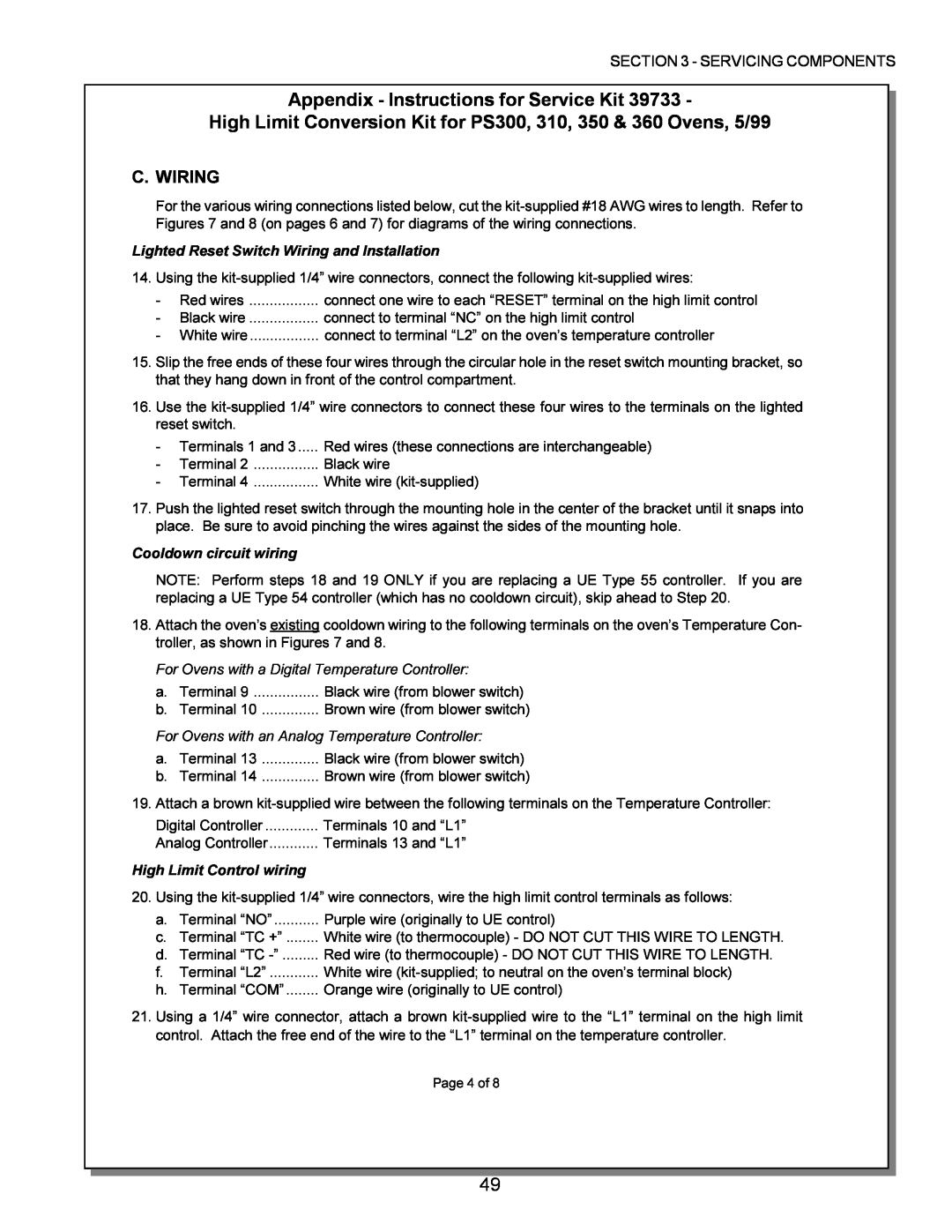 Middleby Marshall PS200 Appendix - Instructions for Service Kit, C. Wiring, Lighted Reset Switch Wiring and Installation 