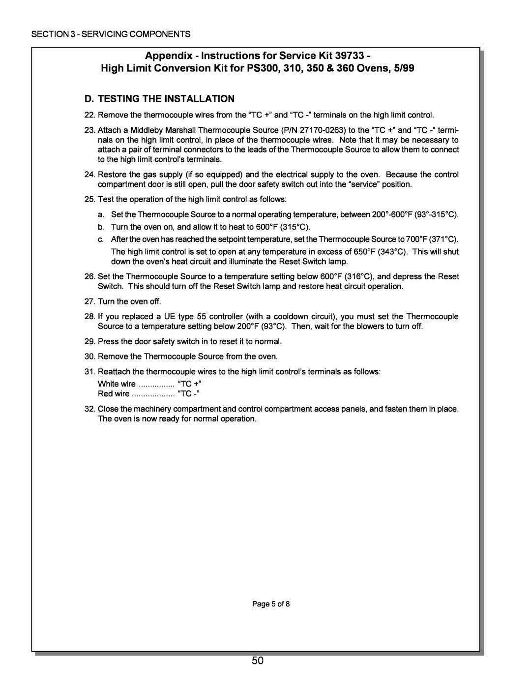 Middleby Marshall PS555, PS570, PS360, PS200 Appendix - Instructions for Service Kit, D. Testing The Installation, Page 5 of 