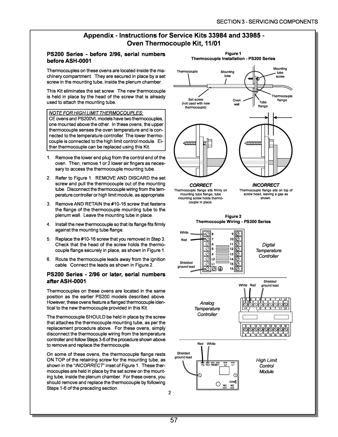 Middleby Marshall PS220, PS570, PS360 manual Appendix - Instructions for Service Kits 33984 and, Oven Thermocouple Kit, 11/01 