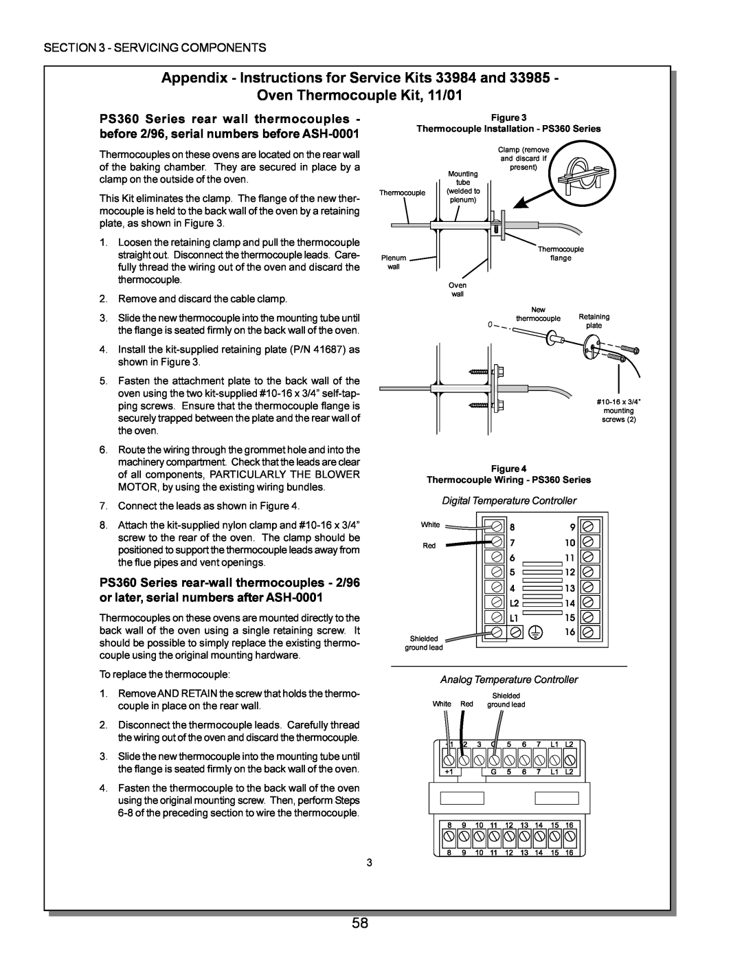 Middleby Marshall PS224 PS310 manual Appendix - Instructions for Service Kits 33984 and, Oven Thermocouple Kit, 11/01, wall 