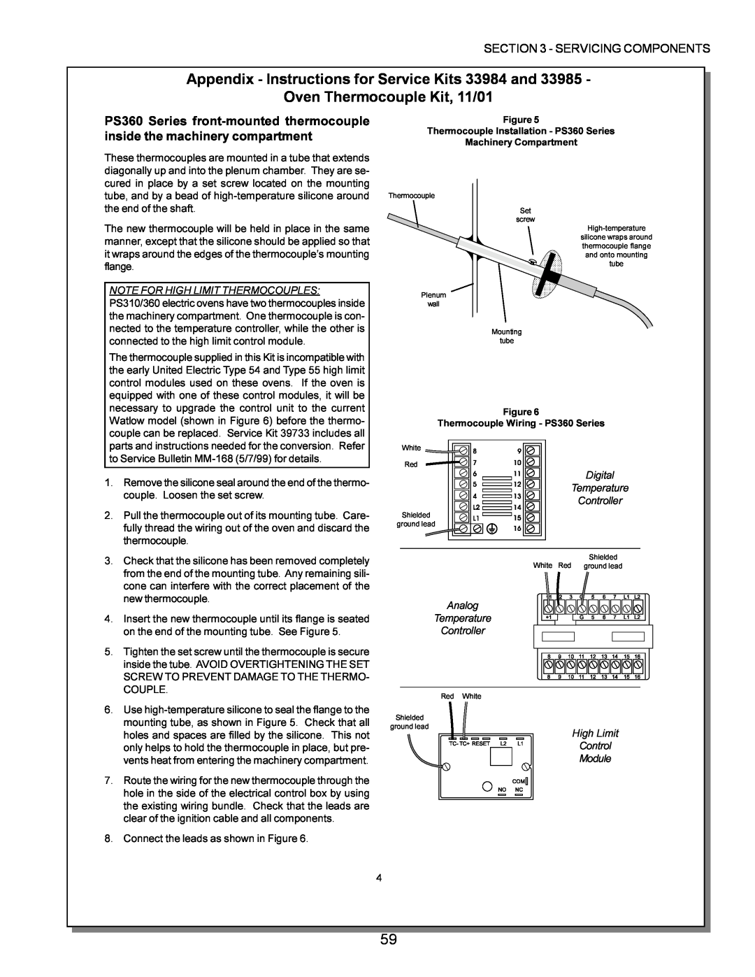 Middleby Marshall PS570, PS360, PS200 manual Appendix - Instructions for Service Kits 33984 and, Oven Thermocouple Kit, 11/01 