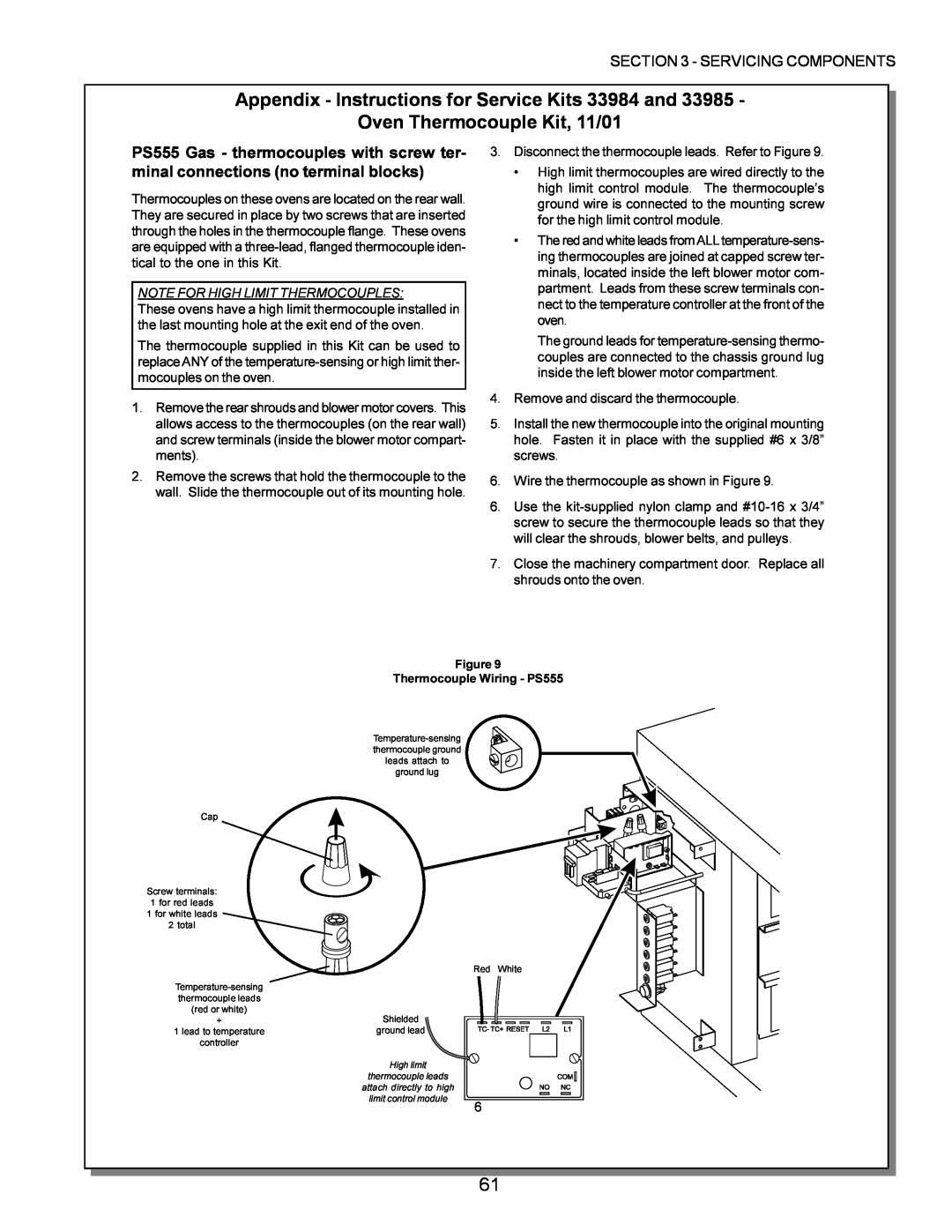 Middleby Marshall PS200, PS570, PS360 manual Appendix - Instructions for Service Kits 33984 and, Oven Thermocouple Kit, 11/01 