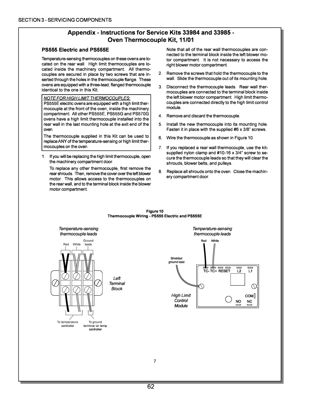 Middleby Marshall PS555, PS570, PS360 manual Appendix - Instructions for Service Kits 33984 and, Oven Thermocouple Kit, 11/01 
