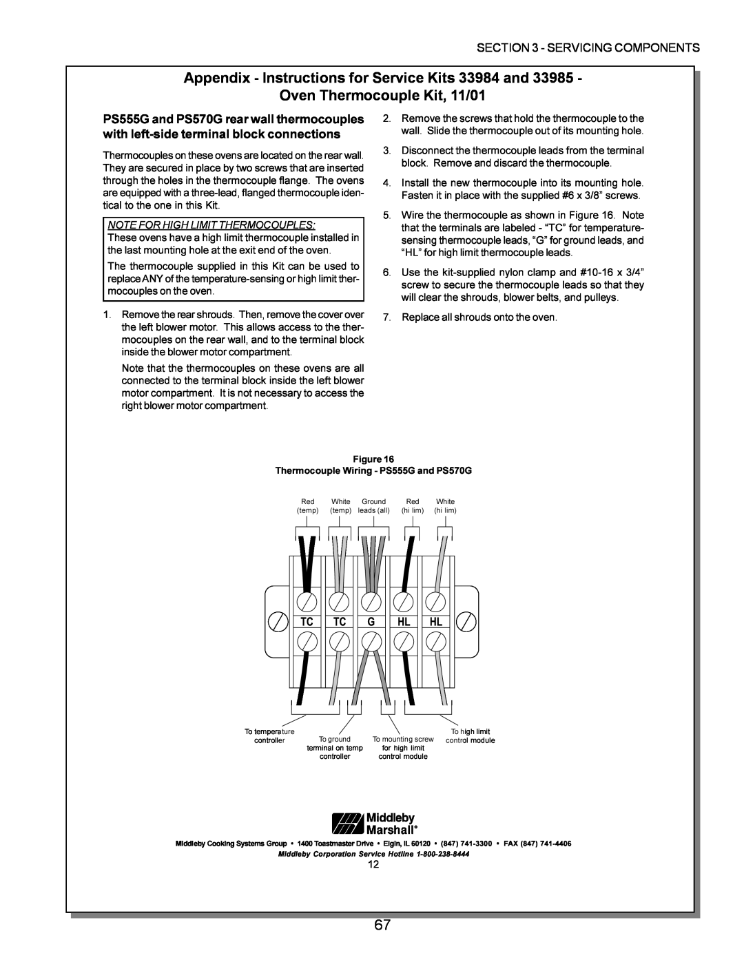 Middleby Marshall PS200, PS570, PS360 manual Appendix - Instructions for Service Kits 33984 and, Oven Thermocouple Kit, 11/01 