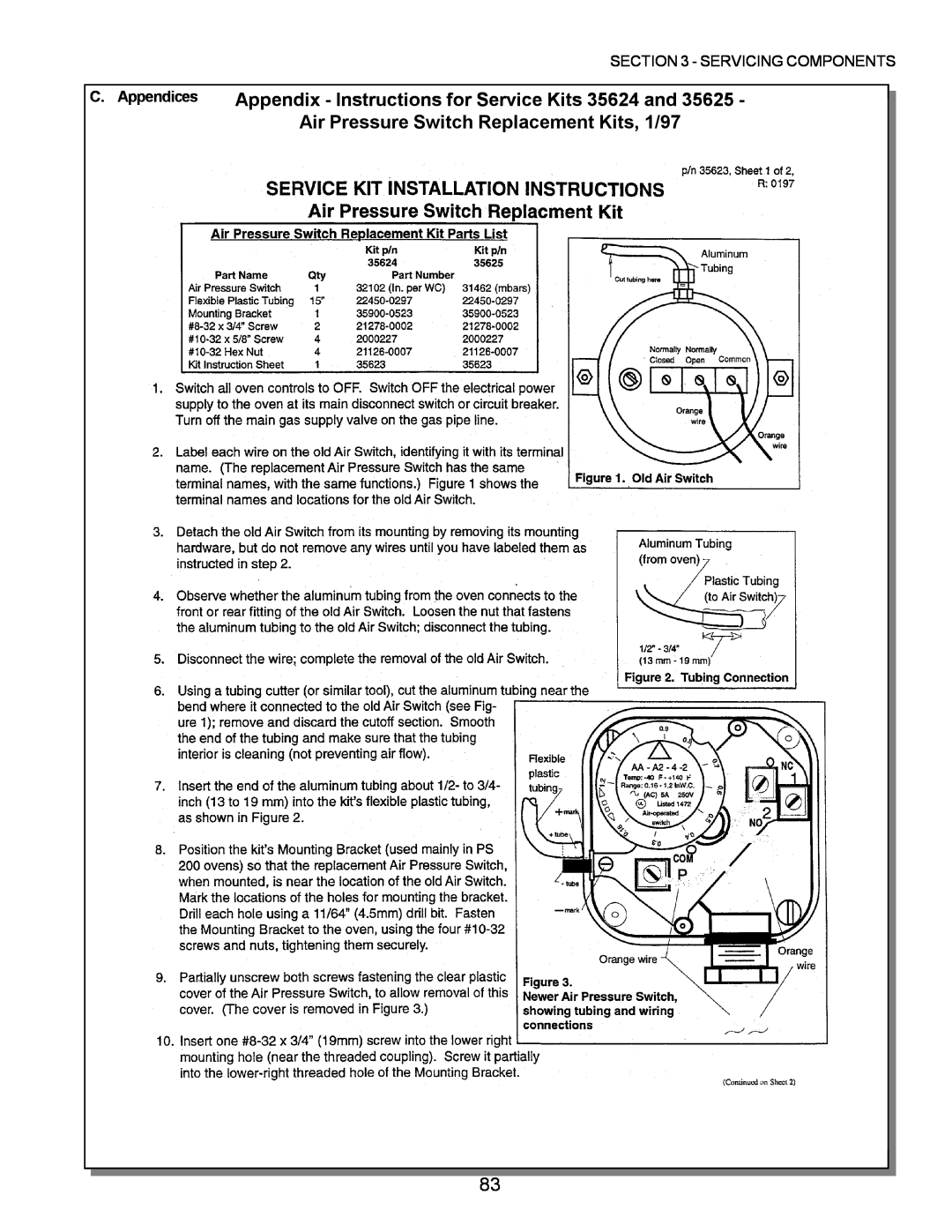 Middleby Marshall PS570 Appendix - Instructions for Service Kits 35624 and, Air Pressure Switch Replacement Kits, 1/97 
