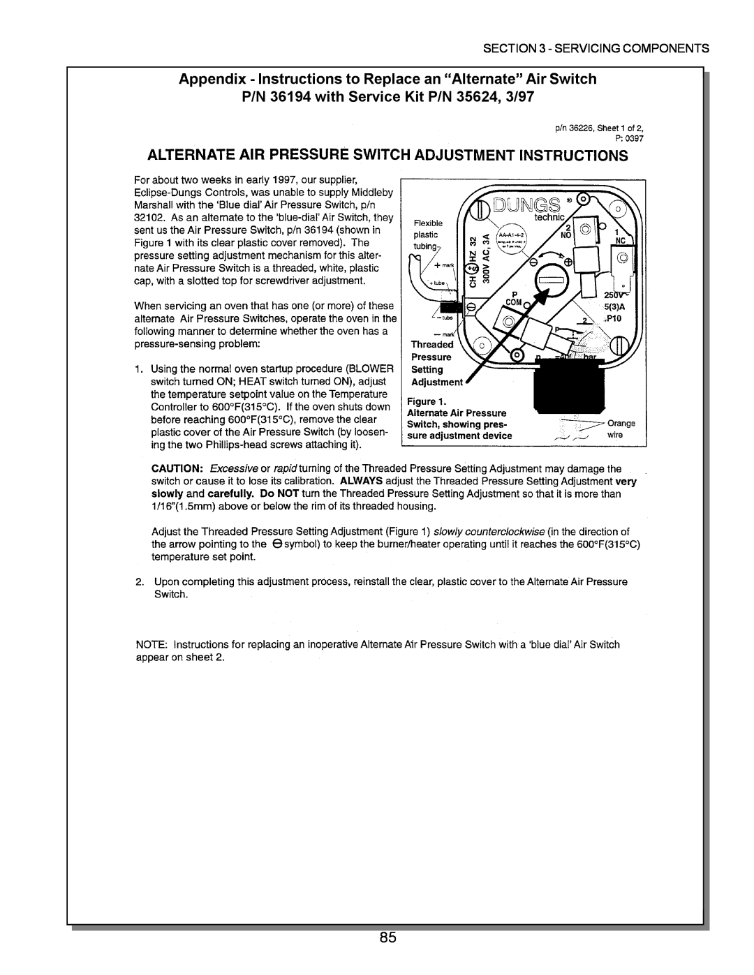 Middleby Marshall PS200, PS570, PS360 Appendix - Instructions to Replace an “Alternate” Air Switch, Servicing Components 