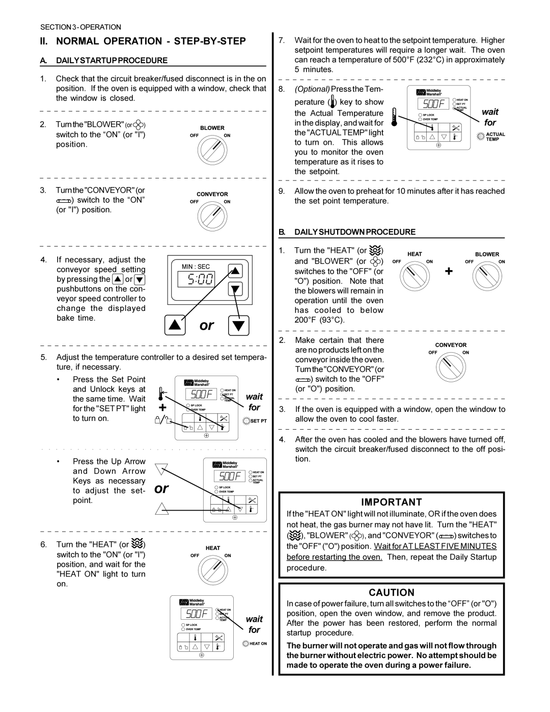 Middleby Marshall PS570S II. Normal Operation STEP-BY-STEP, Dailystartupprocedure, Dailyshutdownprocedure 