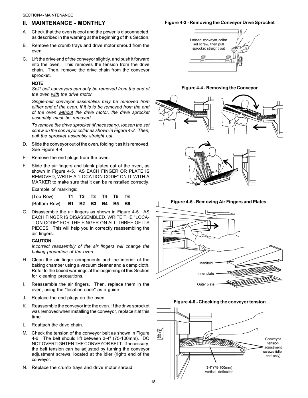 Middleby Marshall PS570S installation manual II. Maintenance Monthly, Removing the Conveyor 