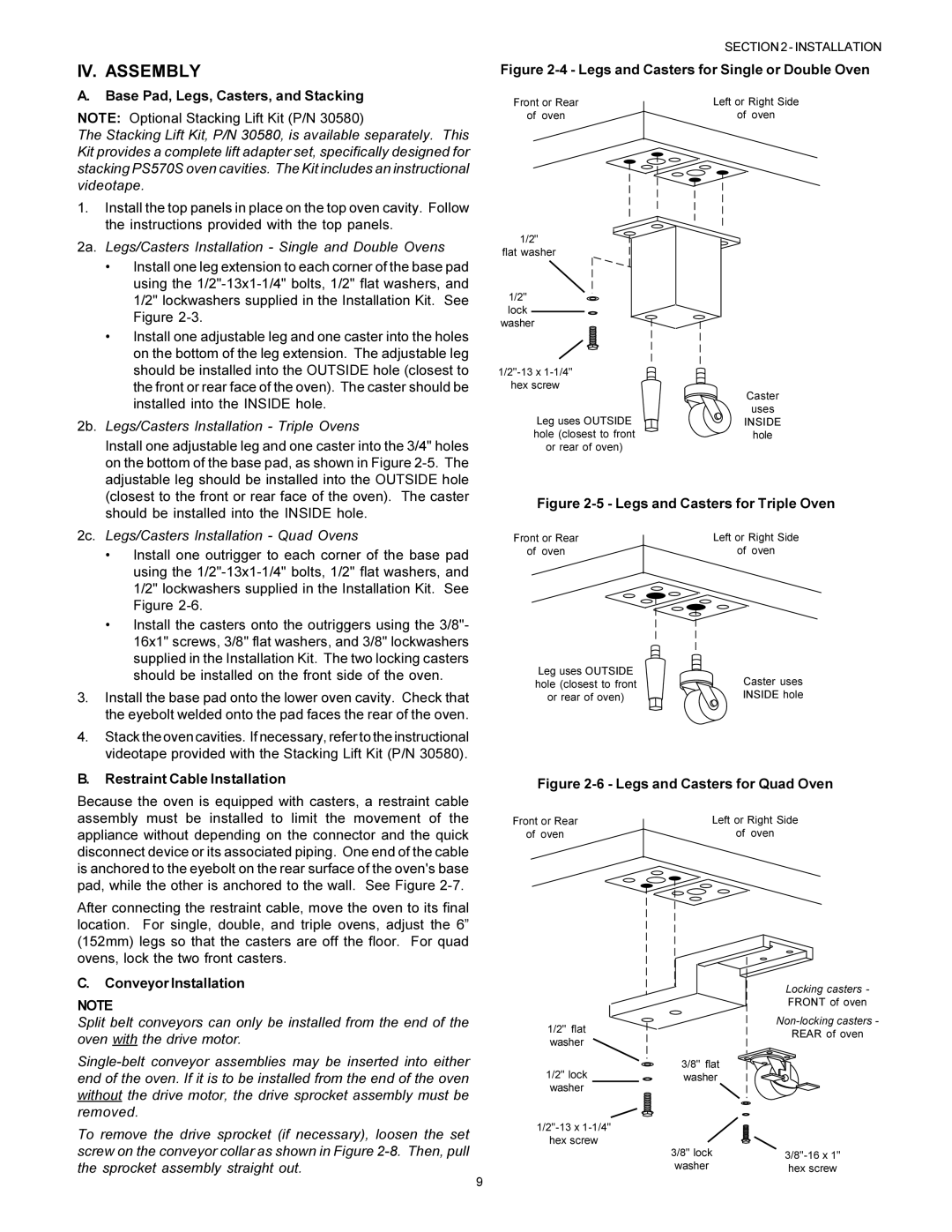 Middleby Marshall PS570S IV. Assembly, Base Pad, Legs, Casters, and Stacking, Restraint Cable Installation 