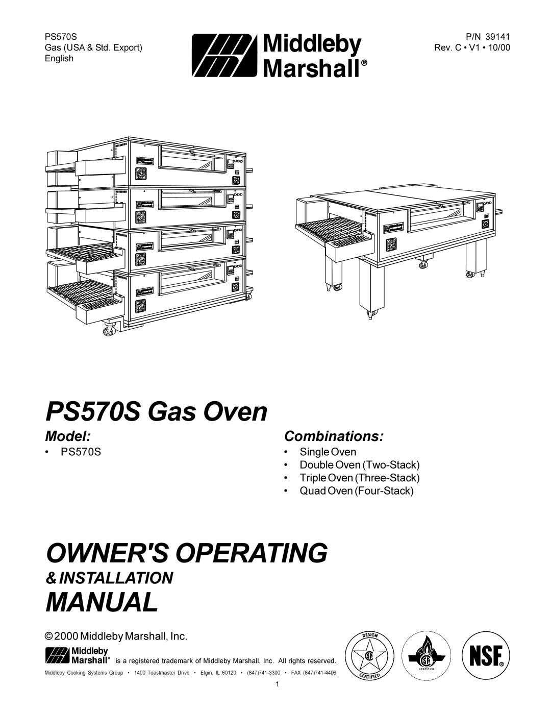 Middleby Marshall installation manual Model, Combinations, PS570S Gas Oven, Owners Operating, Manual, Installation 