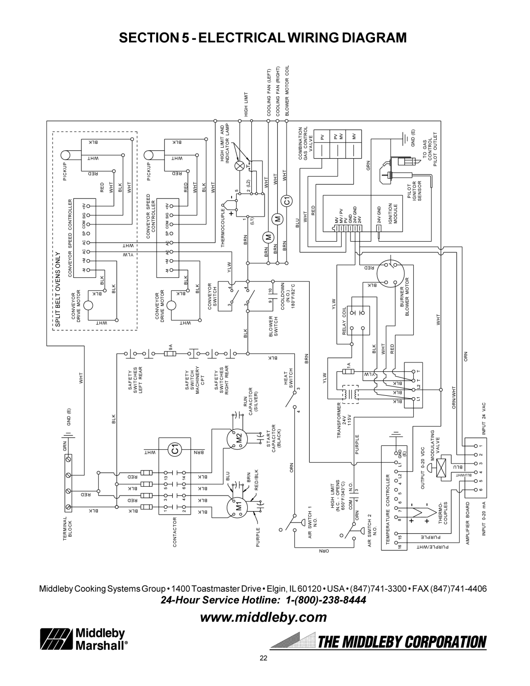 Middleby Marshall PS570S installation manual Electrical Wiring Diagram, Hour Service Hotline, Modulating Valve, Blu/Wht 