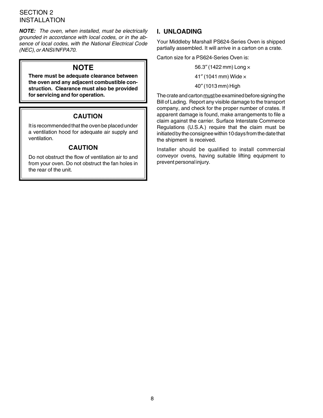 Middleby Marshall PS624E installation manual Section Installation, Unloading 