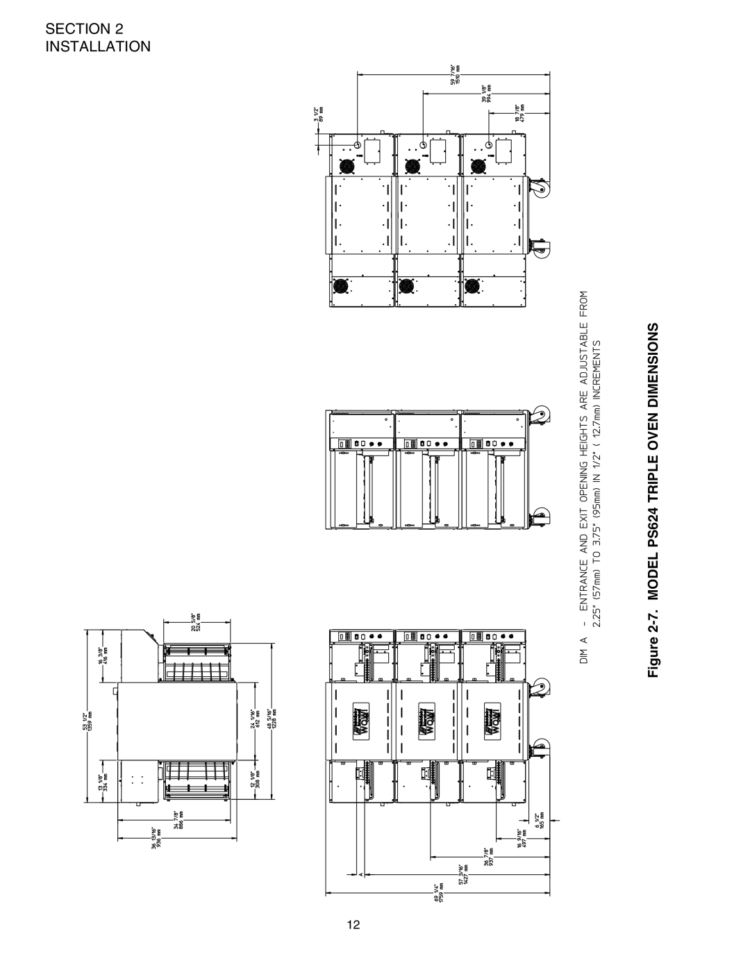 Middleby Marshall PS624E installation manual Model PS624 Triple Oven Dimensions 