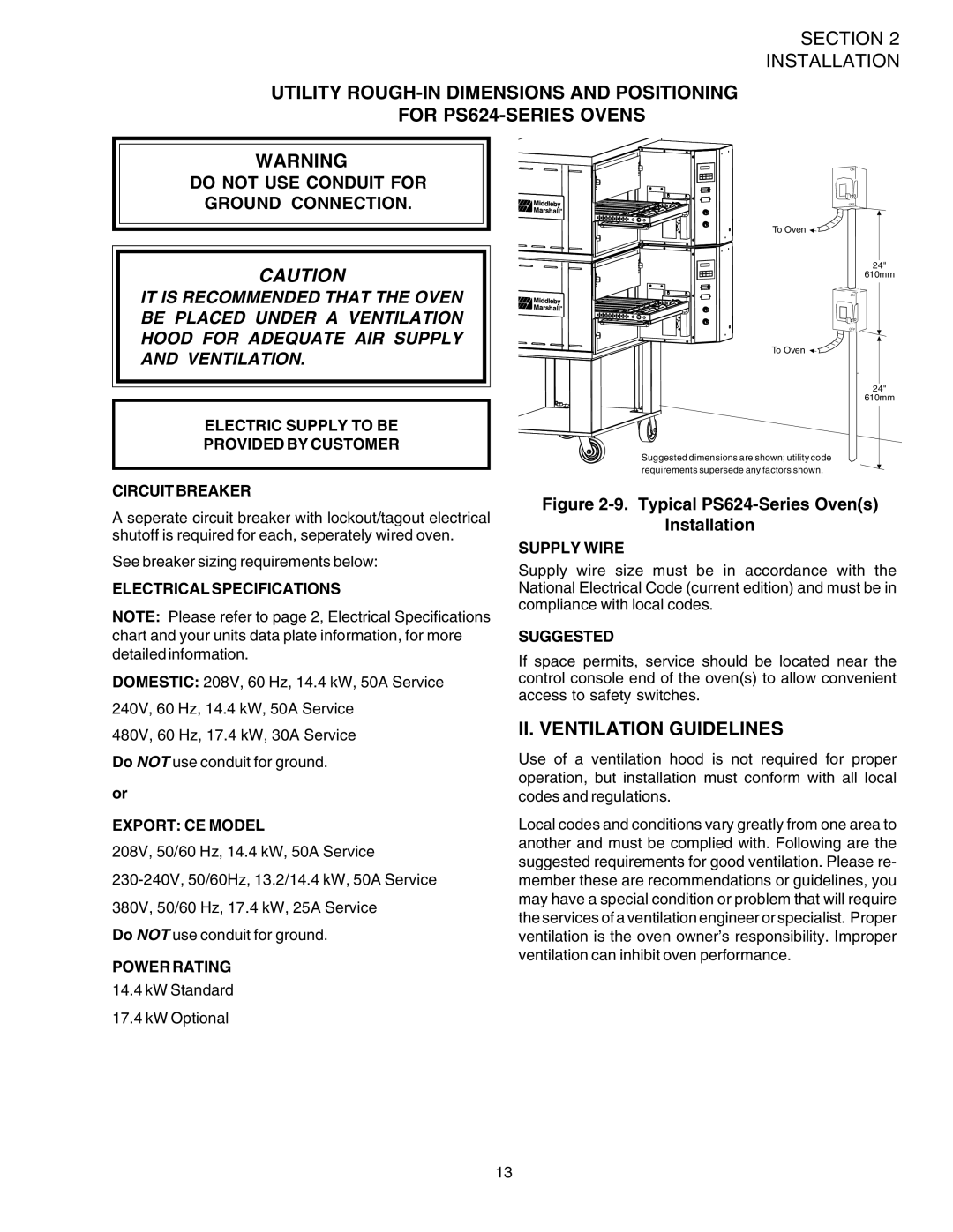 Middleby Marshall PS624E installation manual II. Ventilation Guidelines, Electric Supply to be Provided by Customer 