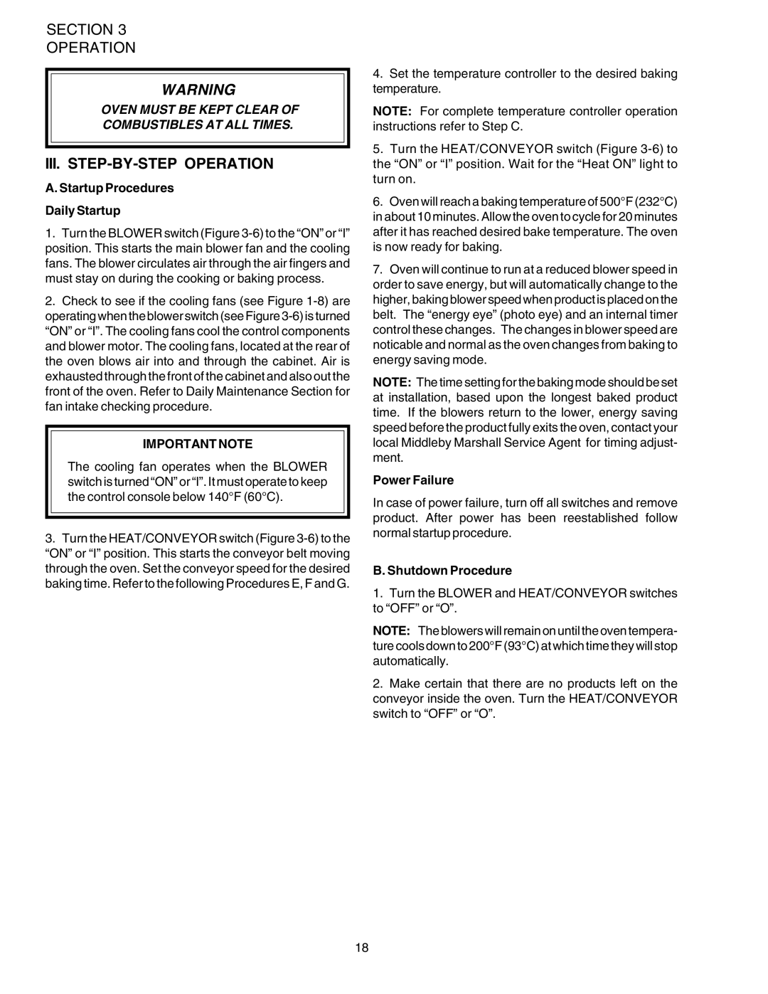 Middleby Marshall PS624E III. STEP-BY-STEP Operation, Startup Procedures Daily Startup, Power Failure, Shutdown Procedure 