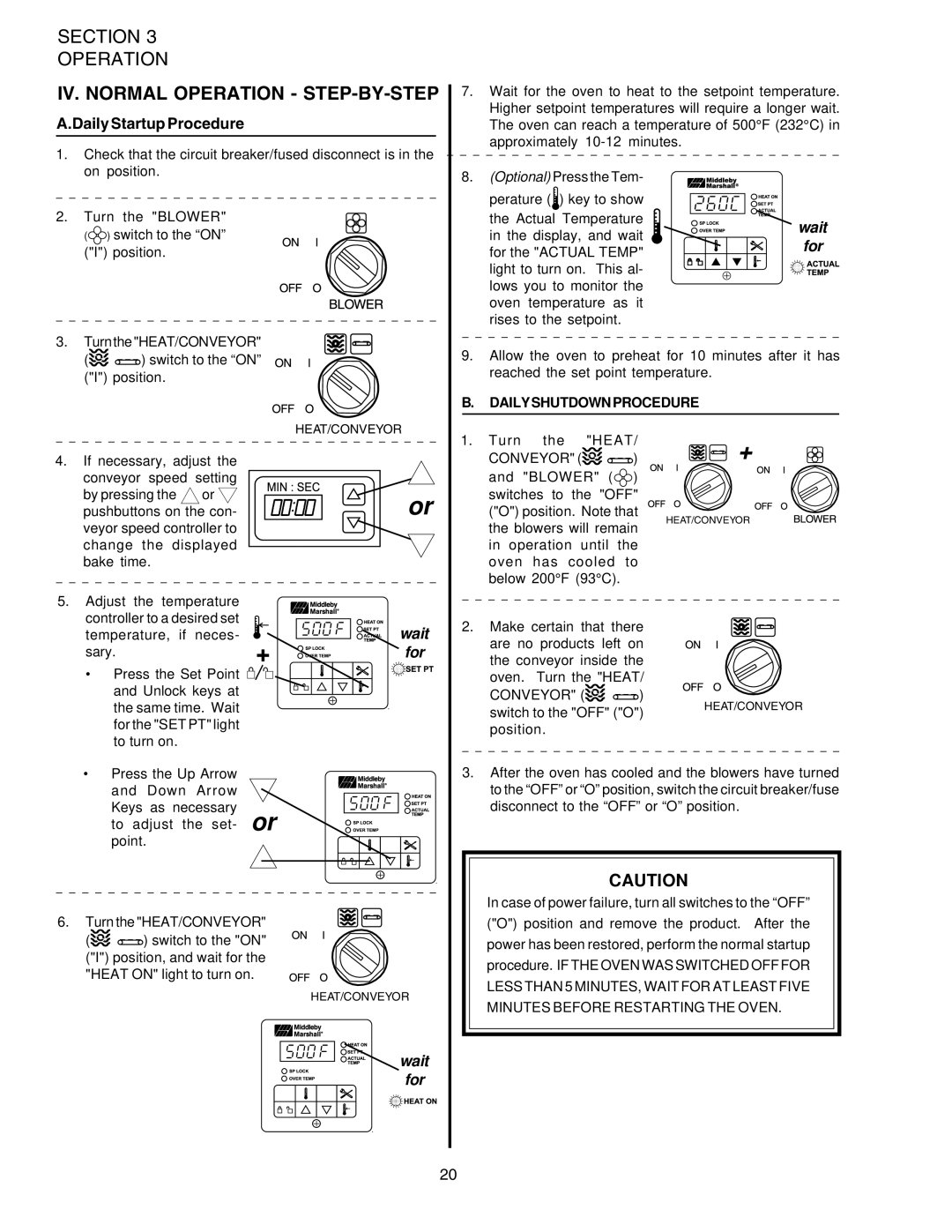 Middleby Marshall PS624E installation manual IV. Normal Operation STEP-BY-STEP, Daily Startup Procedure 