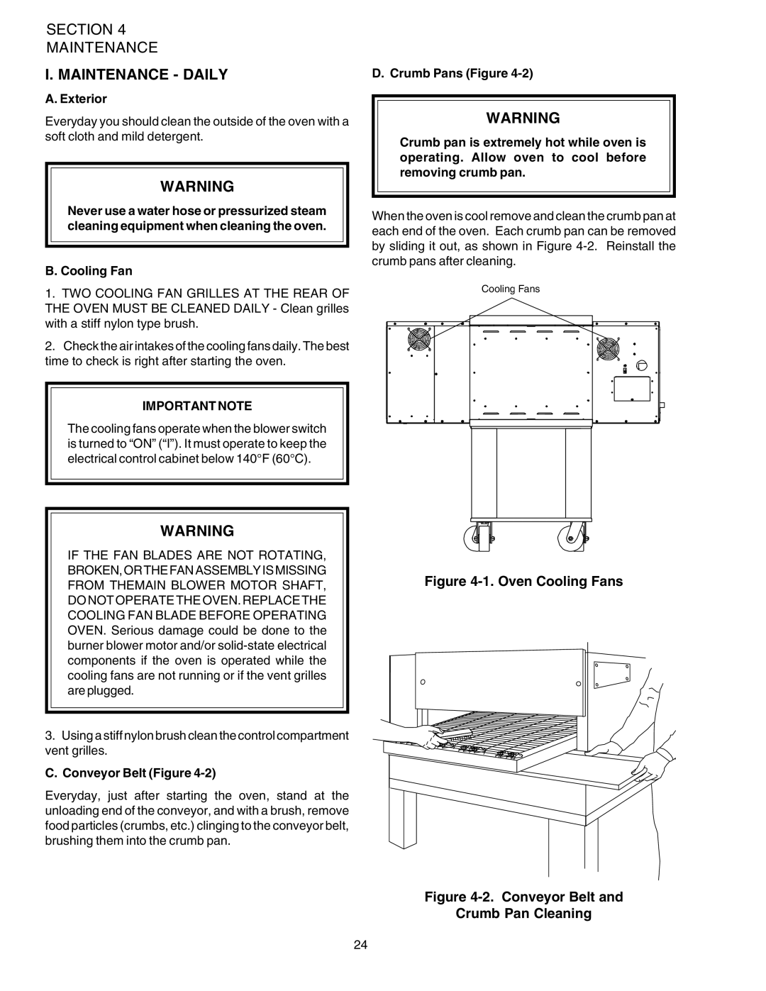 Middleby Marshall PS624E installation manual Maintenance Daily, Exterior, Cooling Fan, Conveyor Belt Figure 