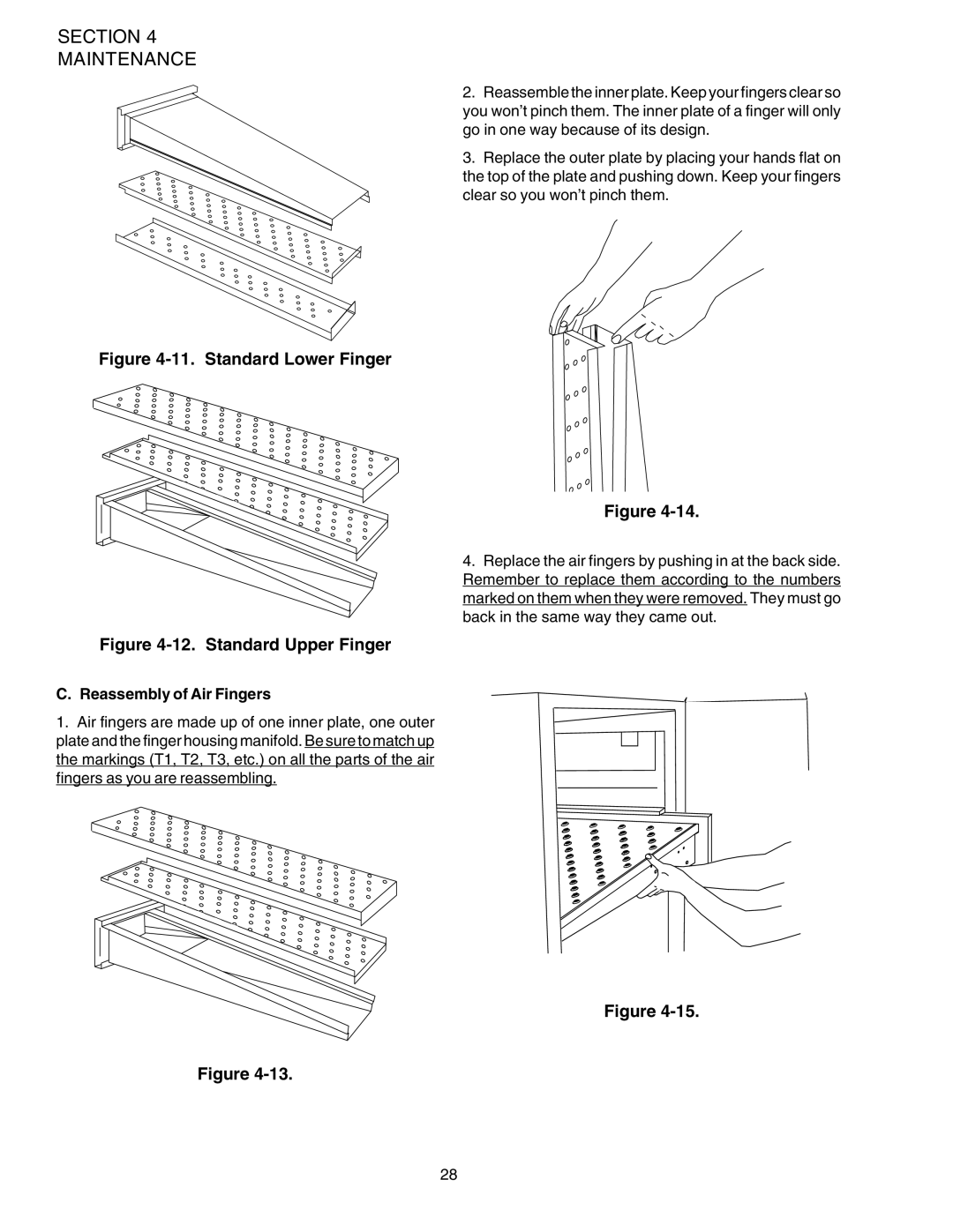 Middleby Marshall PS624E installation manual Standard Lower Finger, Reassembly of Air Fingers 