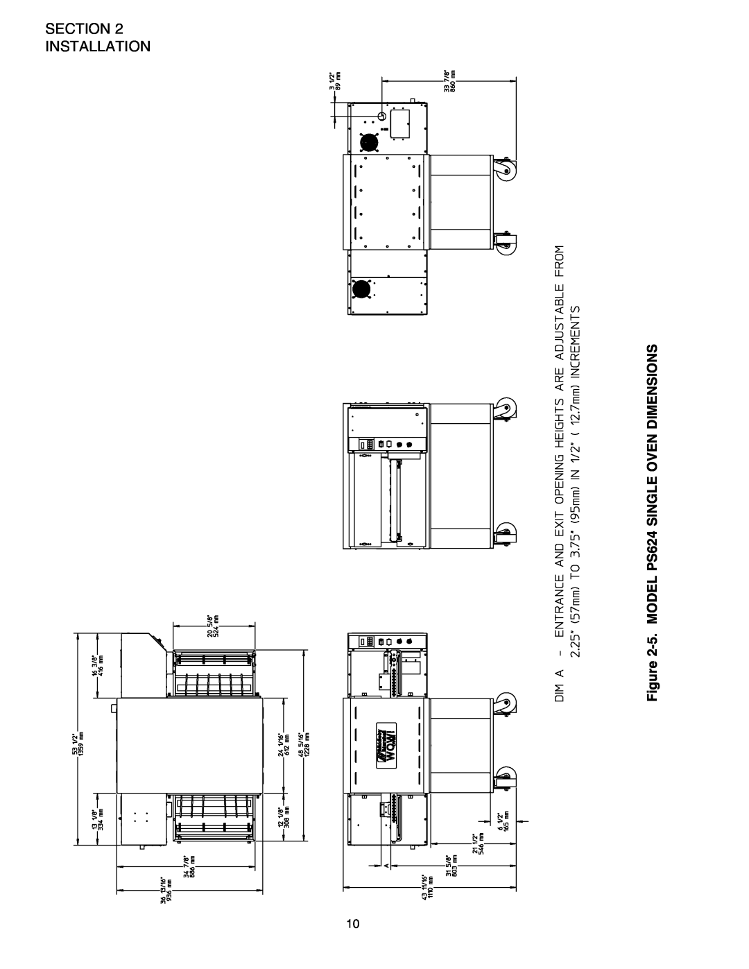 Middleby Marshall PS624E installation manual Section Installation, 5. MODEL PS624 SINGLE OVEN DIMENSIONS 