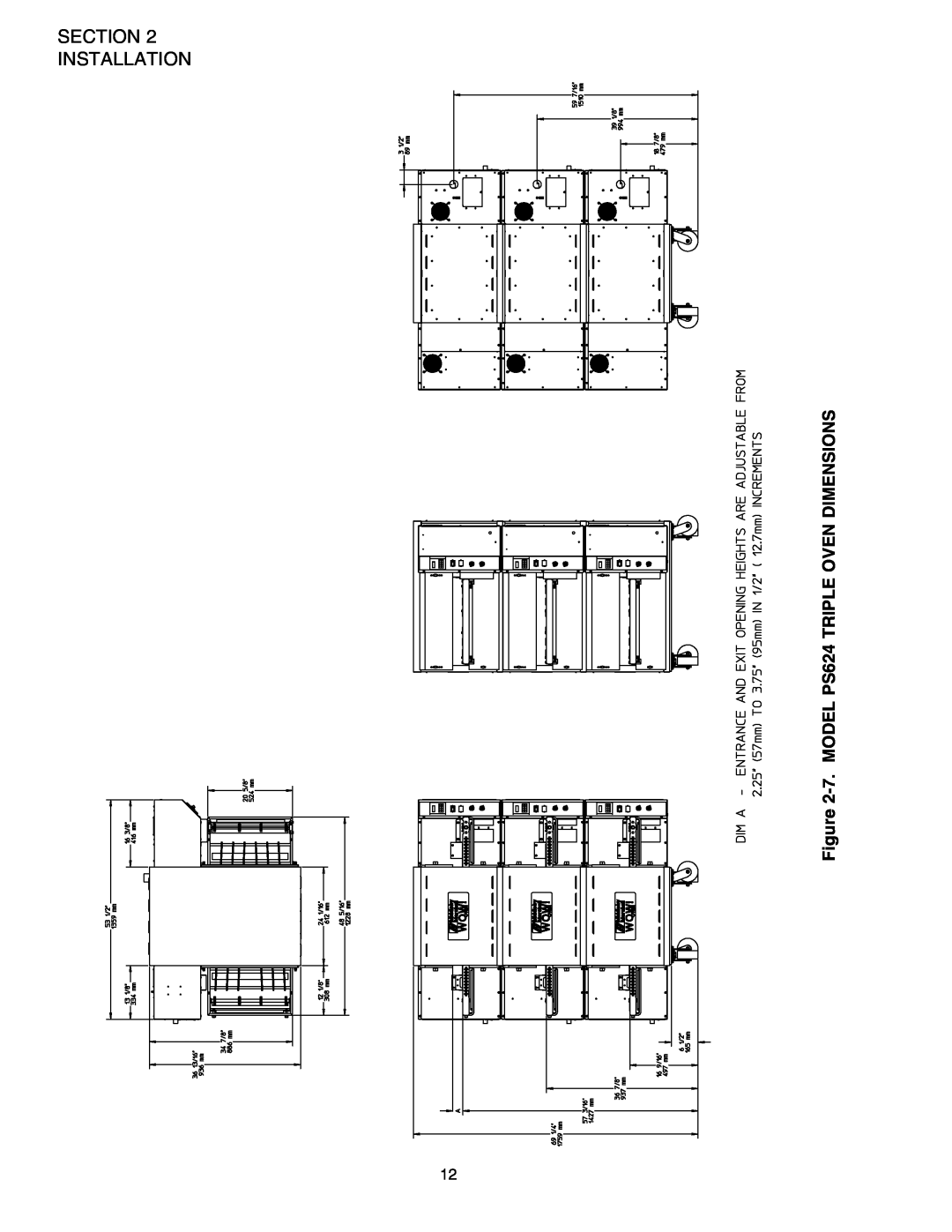 Middleby Marshall PS624E installation manual Section Installation, 7. MODEL PS624 TRIPLE OVEN DIMENSIONS 