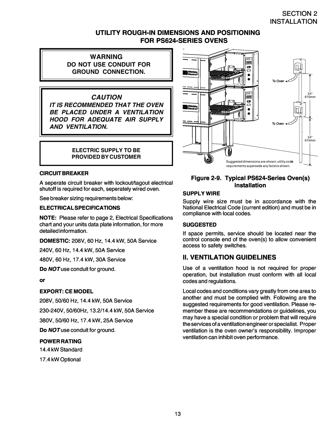 Middleby Marshall PS624E UTILITY ROUGH-IN DIMENSIONS AND POSITIONING FOR PS624-SERIES OVENS, Ii. Ventilation Guidelines 