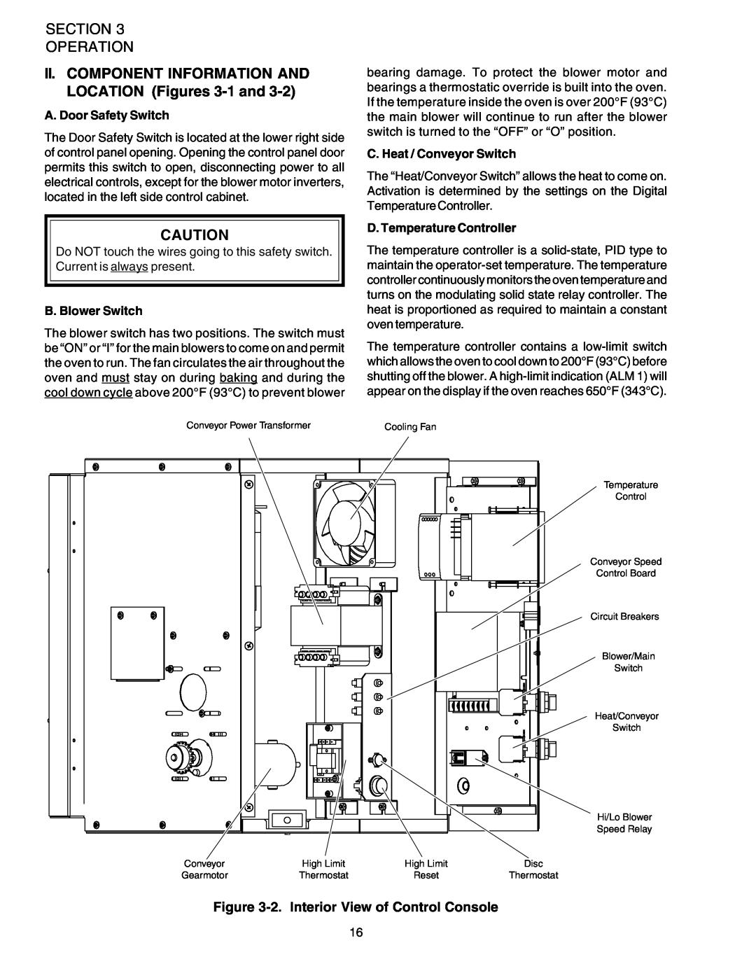 Middleby Marshall PS624E II. COMPONENT INFORMATION AND LOCATION Figures 3-1 and, Section Operation, A. Door Safety Switch 