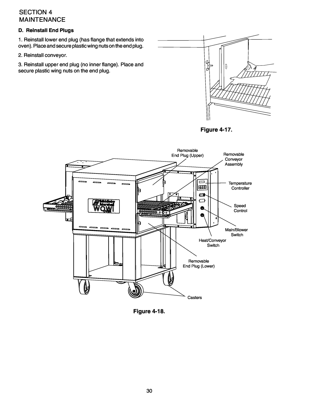 Middleby Marshall PS624E installation manual Section Maintenance, D. Reinstall End Plugs, Reinstall conveyor 
