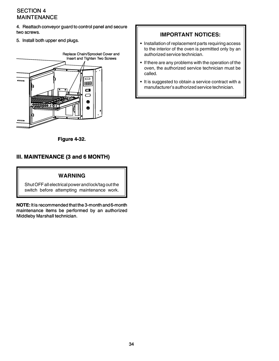 Middleby Marshall PS624E installation manual Important Notices, III. MAINTENANCE 3 and 6 MONTH, Section Maintenance 