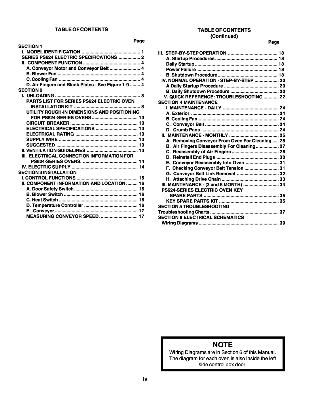 Middleby Marshall PS624E installation manual Table Of Contents, Continued 